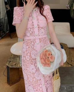 Anna Pink Lace Midi Dress
