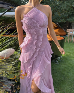 Malia Pleated Ruffle Halter Gown