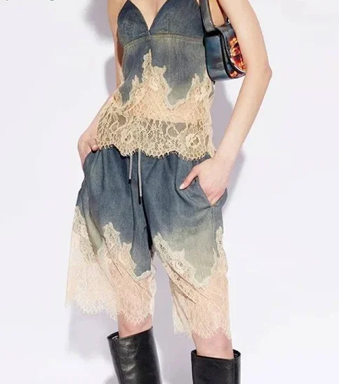 Sasha Denim-Lace Two-Piece Set