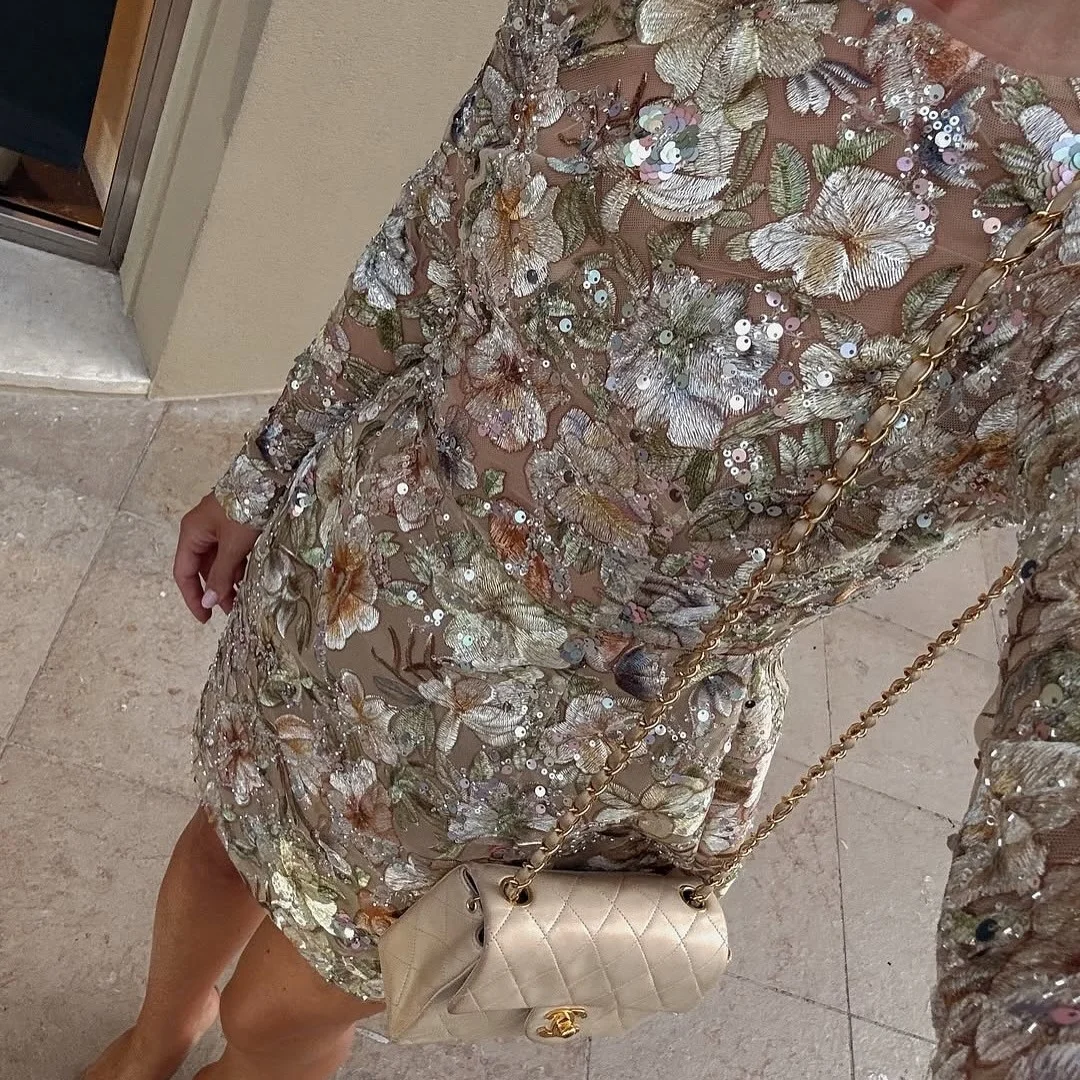 Liz Champagne Sequins Floral Party Dress 3