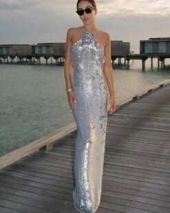 Seraphina Silver Floral Sequin Gown