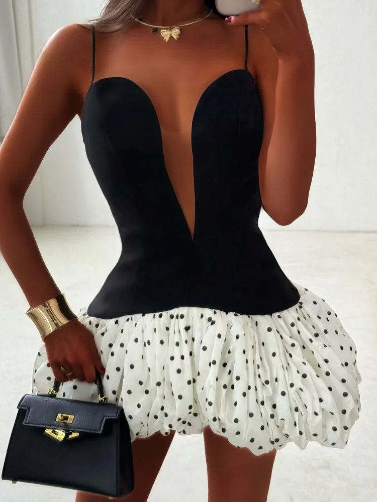 Celeste Deep-V Polka-Dot Puff Hem Backless Dress