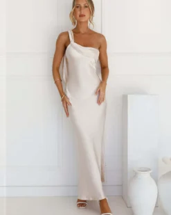 Paulina Satin One-Shoulder Long Dress in Apricot