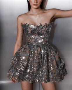 Odilia Silver Embroidered Corset Mini Dress